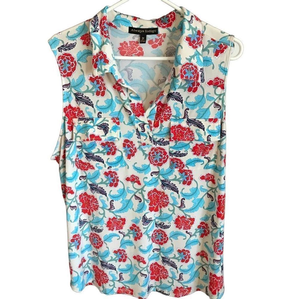 Always Indigo size 2X blue multicolor plus size top Floral New with tags